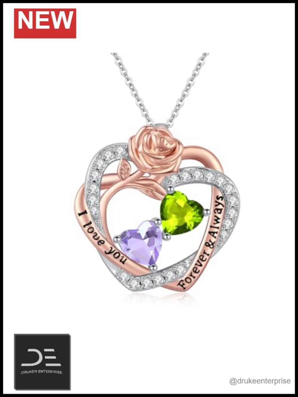 14K Rose Gold Plated Double Birthstone Heart Necklace, Cubic Zirconia
